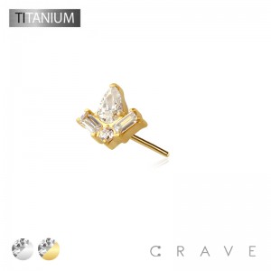 IMPLANT GRADE TITANIUM THREADLESS PUSH IN BAGUETTE TEAR DROP BEZEL CZ TOP PART ONLY